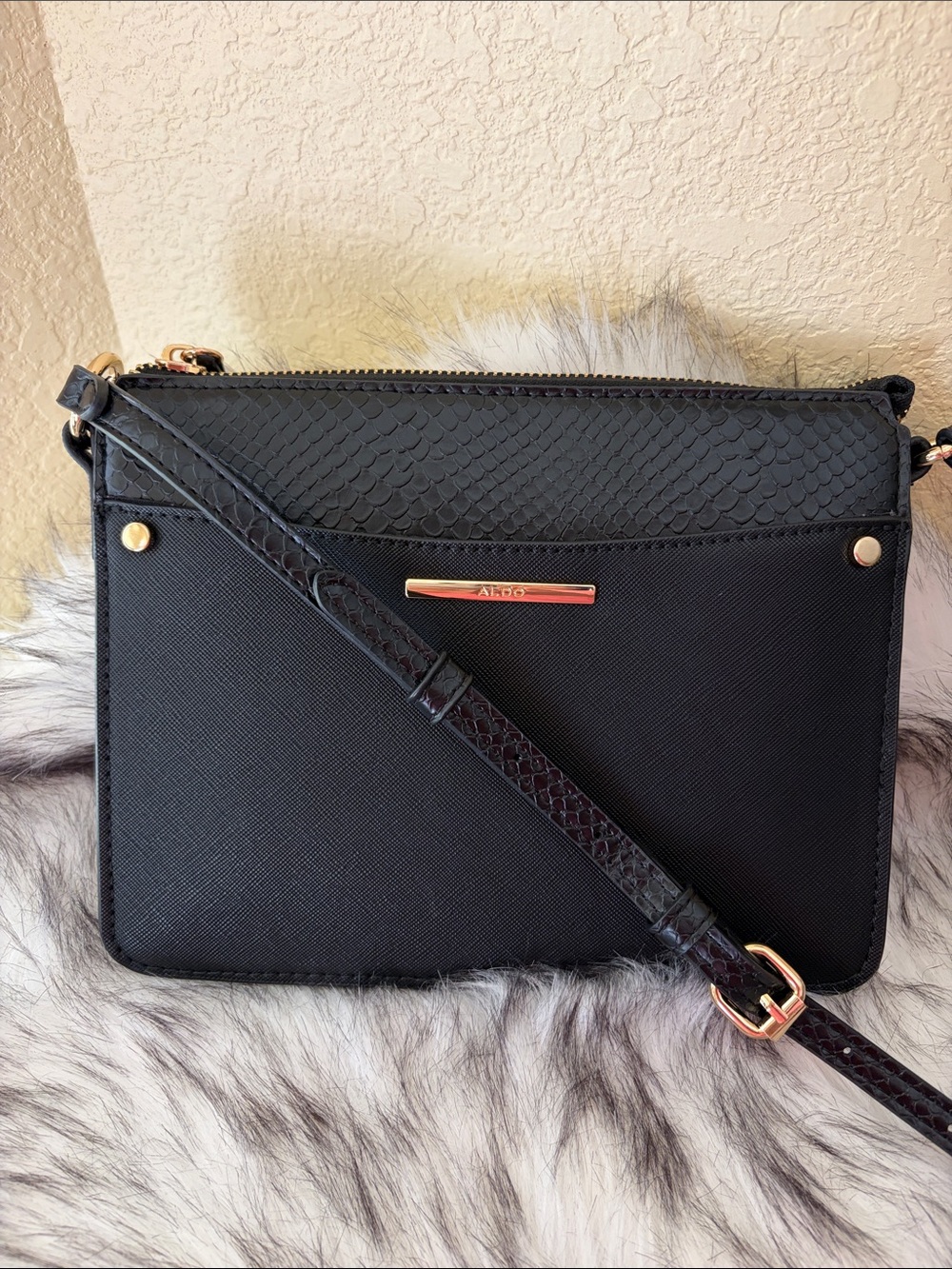 Aldo Black Textured Crossbody with Gold Accents